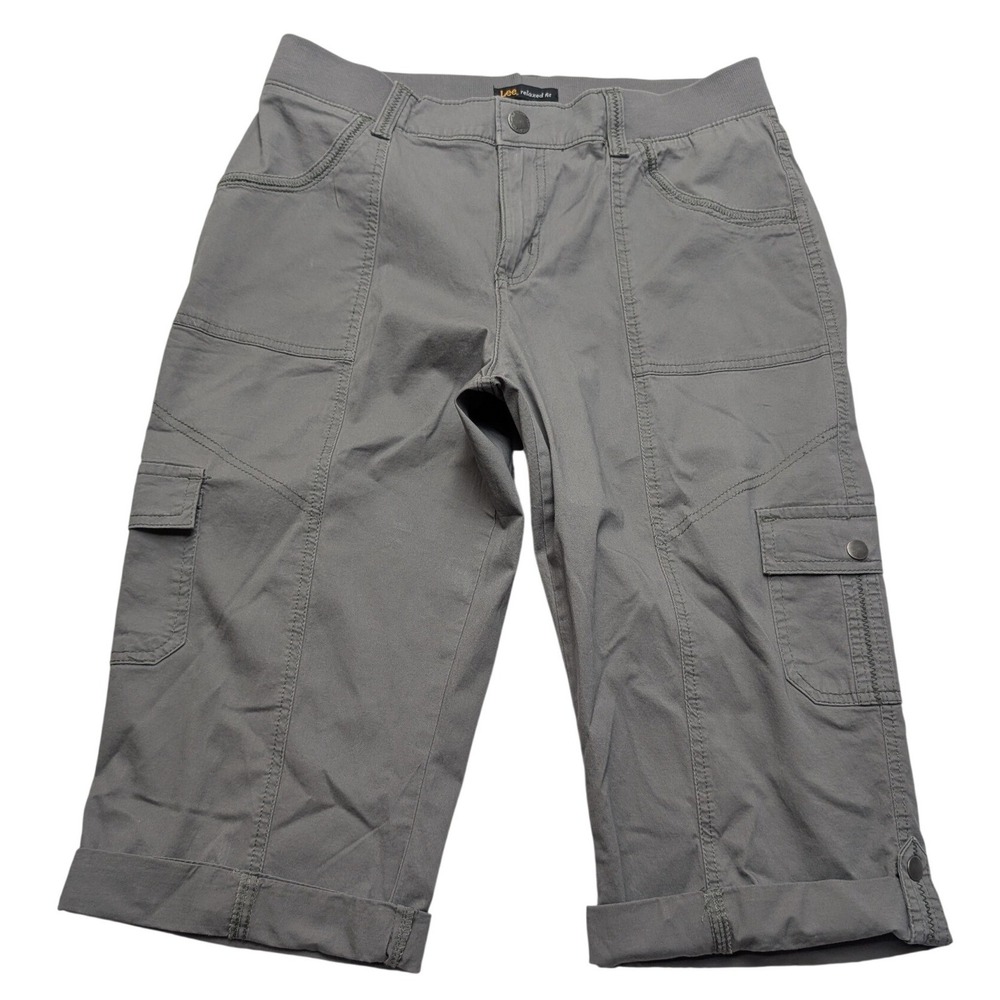 Lee Cargo Capri Pants Womens 12 Gray Relaxed Fit Knit Waist Stretch Cuffed
